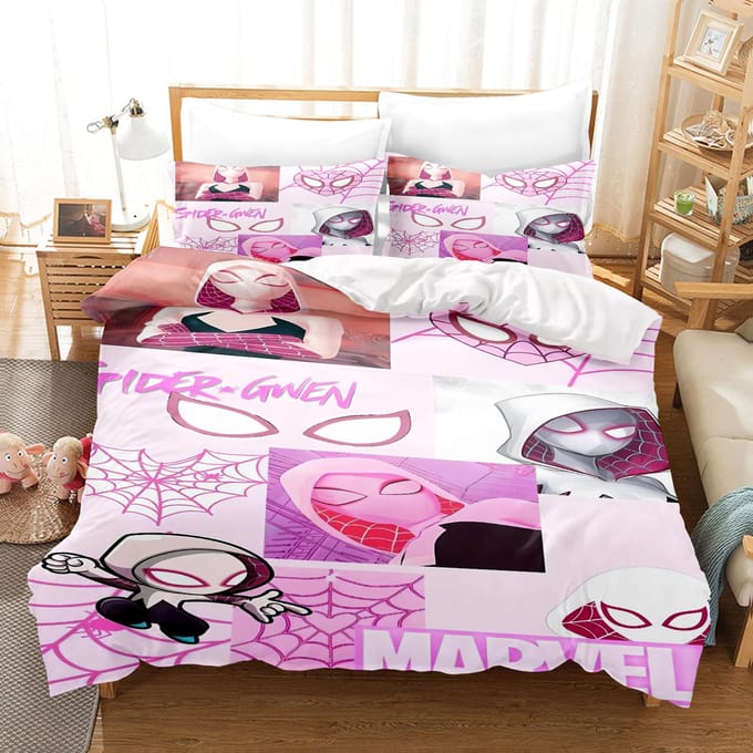 Spider-Man Gwen Ensemble 3 Pièces 1 Housse de Couette Un Ensemble de Linge de Lit Conforte Luxe Exquis Cadeau d'Anniversaire 100% Polyester Décoration de Maison 150*200cm 3pcs