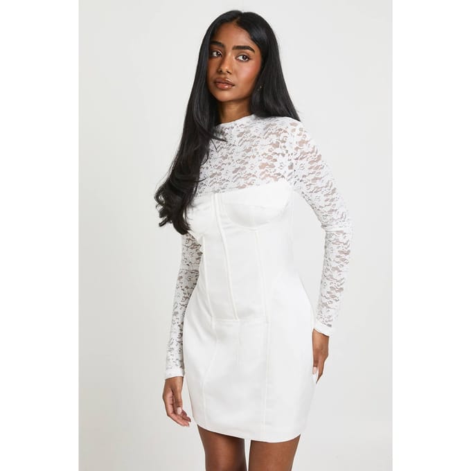 boohoo Dames Kanten Hoge Hals Korset Mini Jurk | Wit | Maat: 36