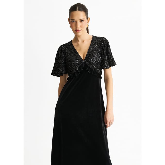 Zwarte sequintop Premium fluwelen midi-jurk voor speciale gelegenheden