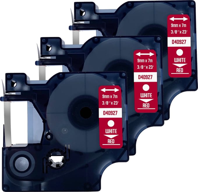 DULA Dymo D1 40927 Compatible label tape - 3 lettertapes - Wit op rood - 9mm x 7m