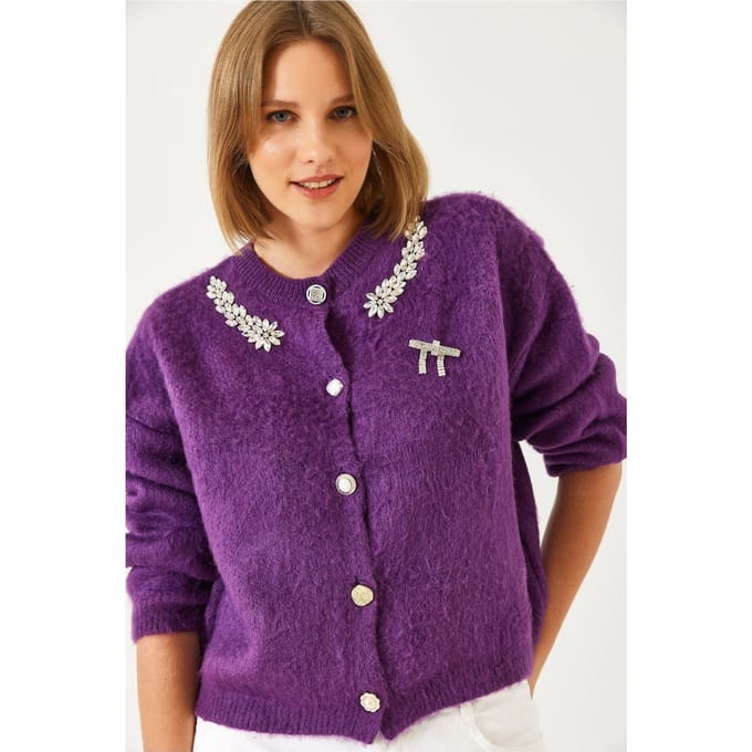 Versierde Ronde Hals Lange Mouwen Cardigan