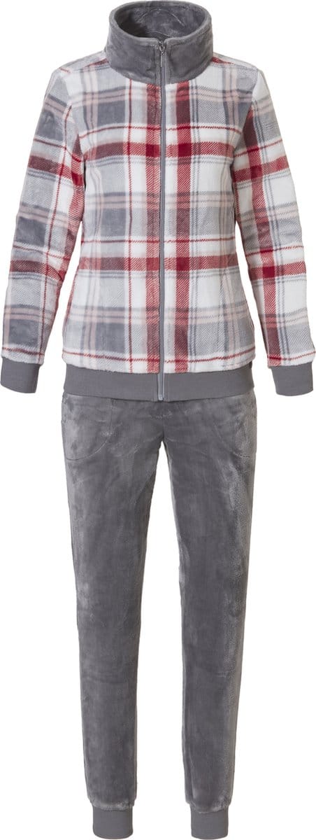 Pasha dames huispak fleece - maat 36 - Ruit - rood/grijs