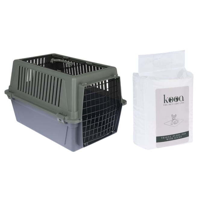 TIAKI Transportbox Verde - Spaar set: Transportbox L + 15 x kooa reis puppy onderlegger met geur