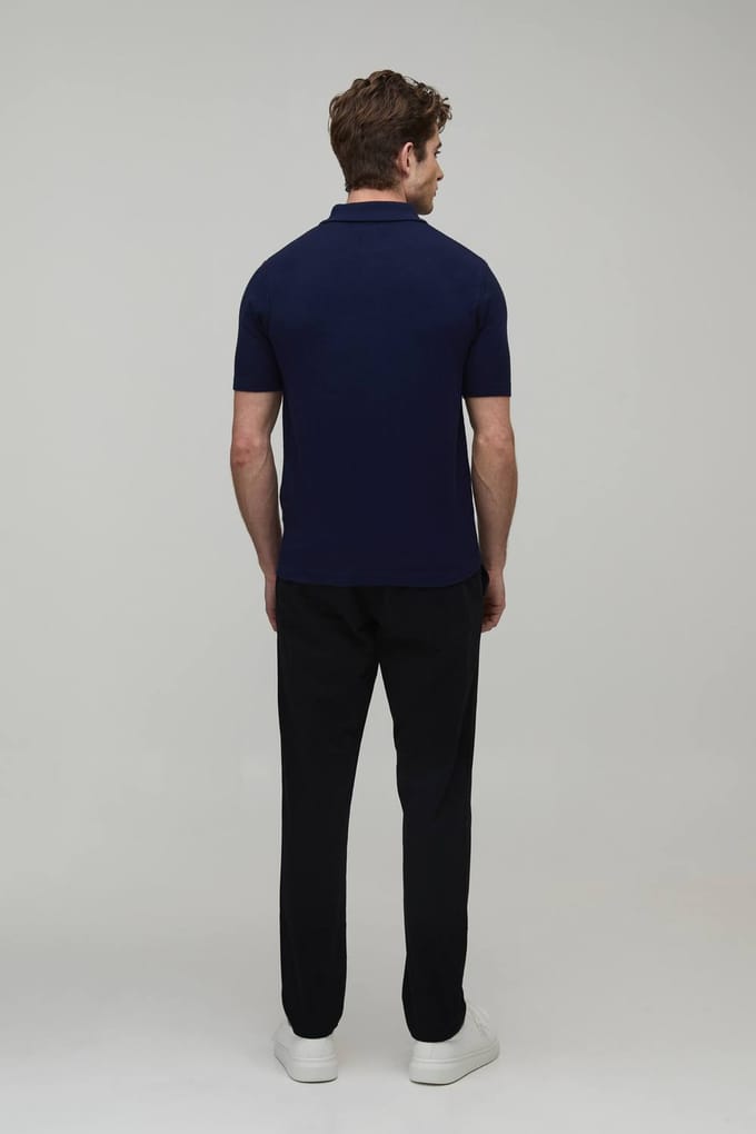 Essential Muscle Fit Soft Touch 1/4 Zip Knitted Polo T-Shirt | Navy | Size Medium