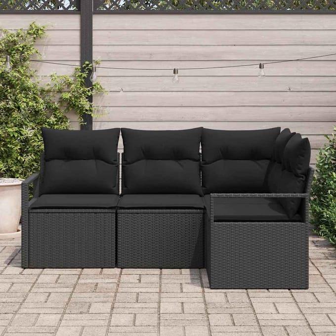 vidaXL Bankstel met kussen met opslag 4 pcs Zwart poly rattan