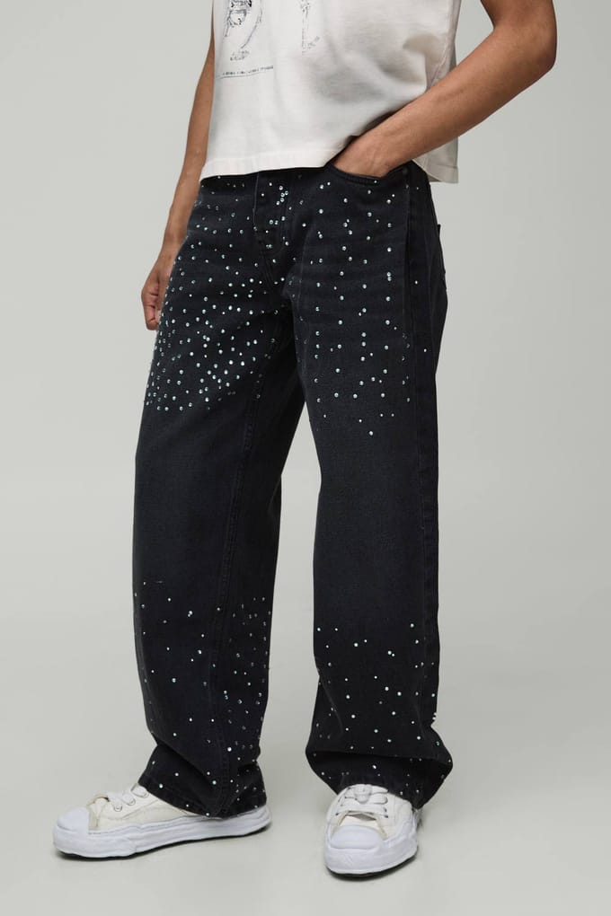All Over Rhinestone Star Pocket Relaxed Fit Jeans | Washed Black | Size 28R