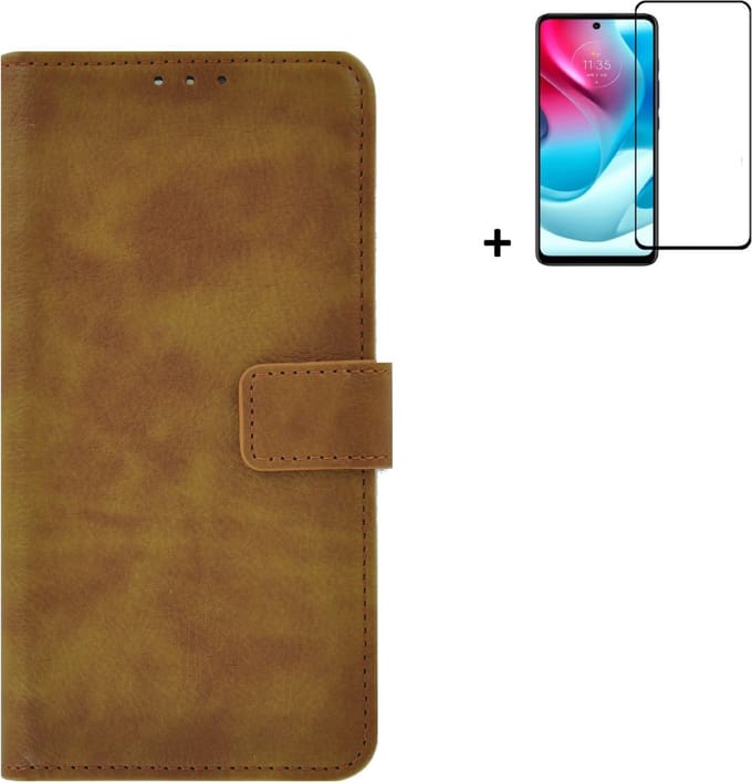 MoDo hoesje Geschikt voor Motorola Moto E32/ E32s - Kunstleer Book Case - Bruin hoesje met full screenprotector