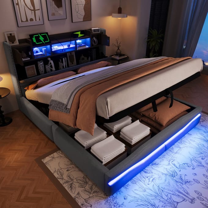 Gestoffeerd Bed - 160x200 cm - met USB-C, LED en Hydraulische Opbergruimte - Grijs