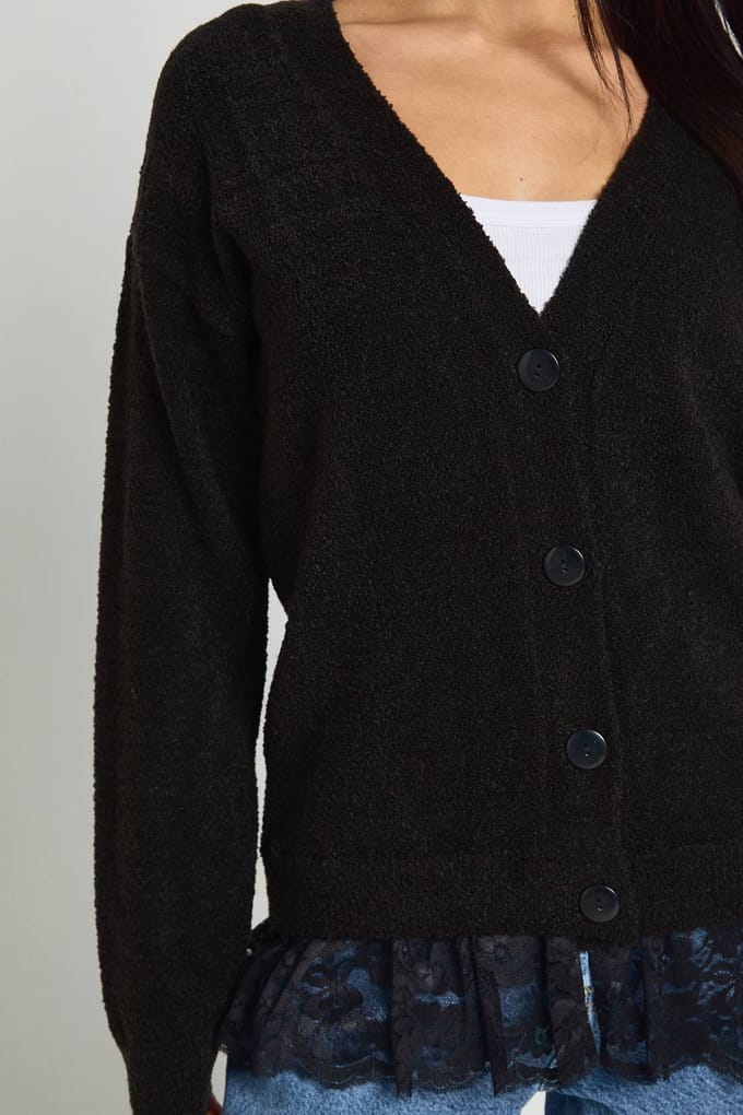 boohoo Dames Gebreid Vest met Kanten Zoom | Black | Maat: Medium