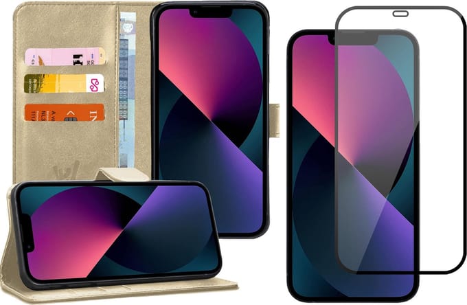Hoesje geschikt voor iPhone 13 Pro Max - Full Screenprotector - Book Case Kunstleer Wallet - Goud