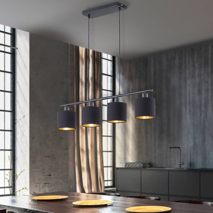 Reality Leuchten Tommy hanglamp, zwart/goud, lengte 75 cm, 4-lamps, stof