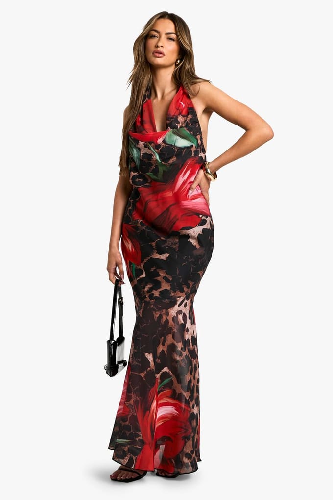 boohoo Dames Leopard Floral Mix Chiffon Halterneck Maxi Jurk | Maat: 38