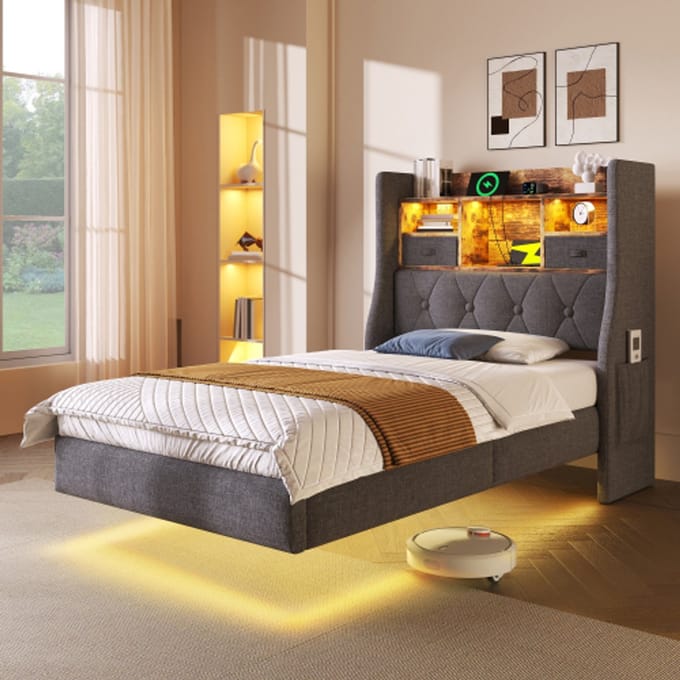MODFU Eenpersoonsbed – 90x200 cm – LED & USB – Opberghoofdbord – Retro – Linnen – Grijs