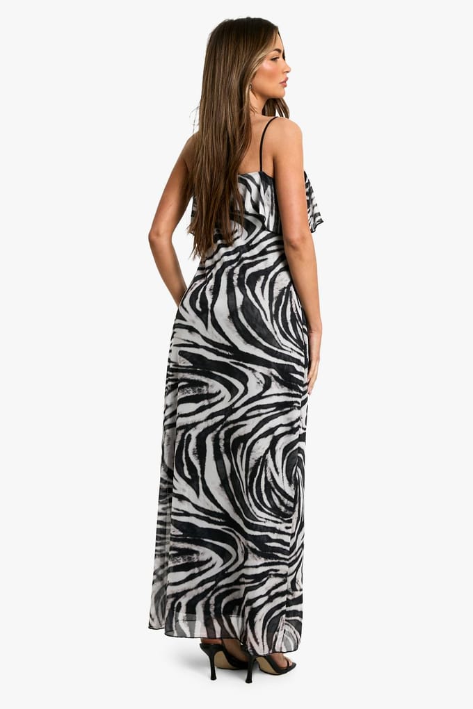 boohoo Dames Tie Strap Zebra Frill Mesh Maxi Jurk | Zwart | Maat: 36