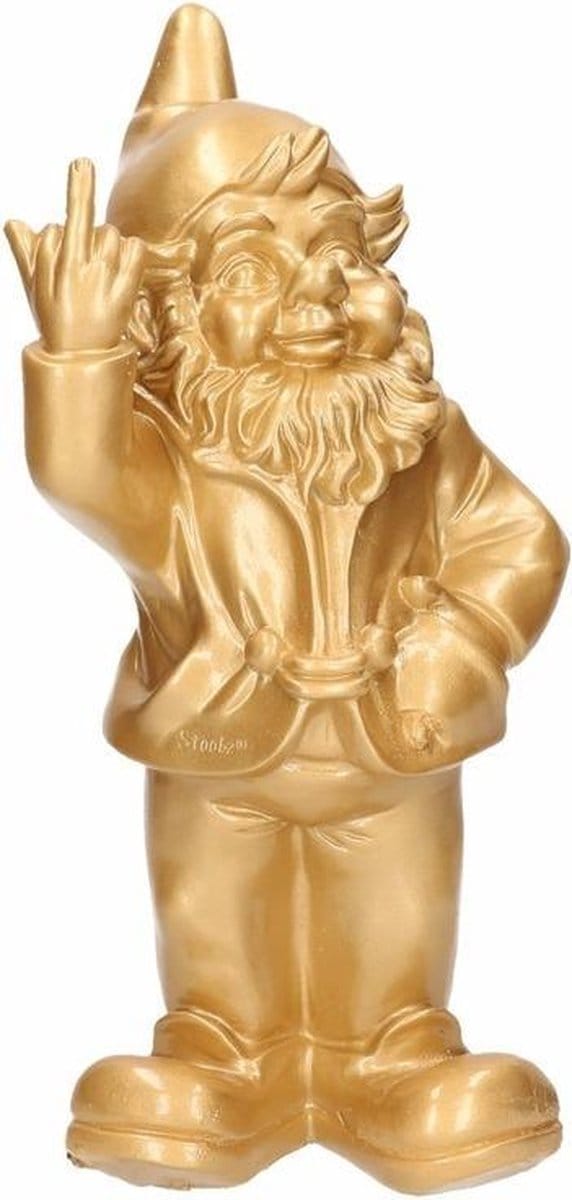 Stoobz design Tuinkabouter met middelvinger - Polystone - 30 cm - goud - buiten decoratie