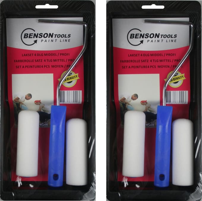 Benson Lakroller/schuimroller schilderset - 2x stuks - B10 cm - met verfbak en beugel - Schilderset