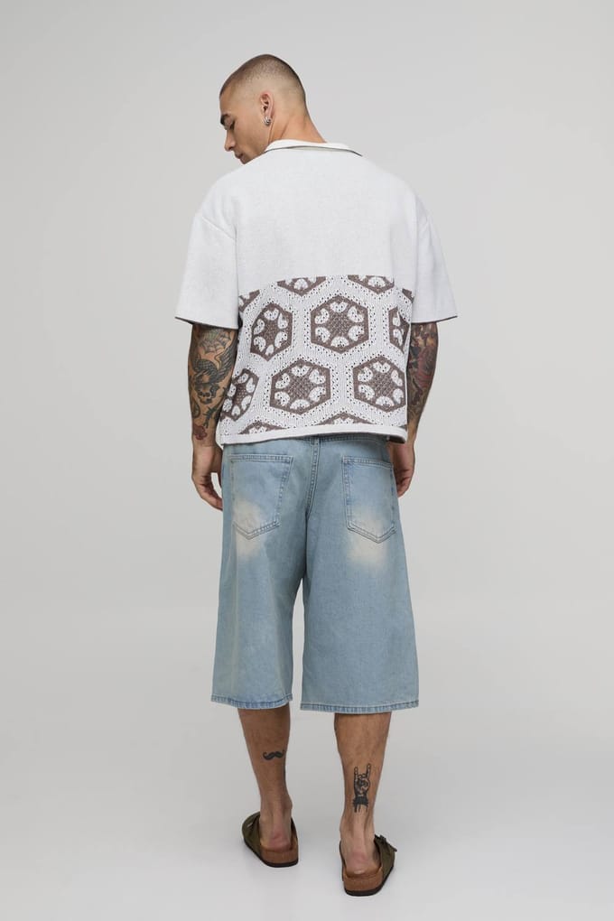 Oversized Boxy Spliced Crochet Tapestry Knitted Polo T-Shirt | Burgundy | Size Medium