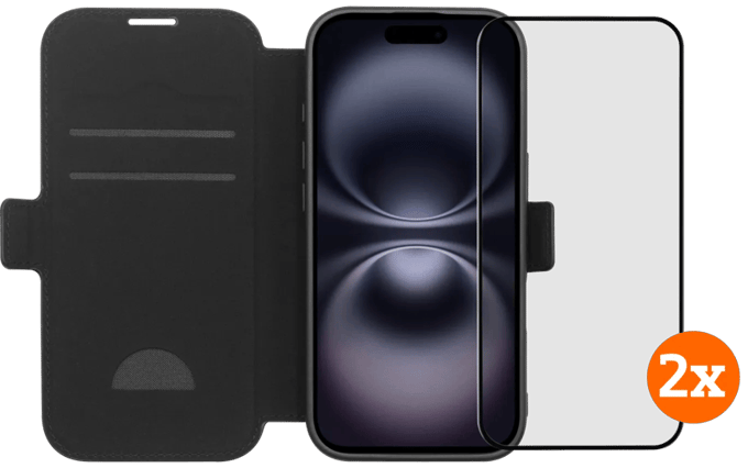 BlueBuilt Apple iPhone 17 Book Case Leer Zwart + Screenprotector Glas Duo Pack