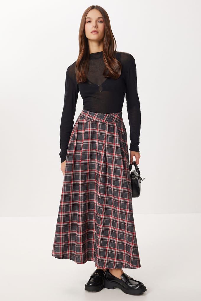Geruite Hoge Taille Plissé Midi Rok