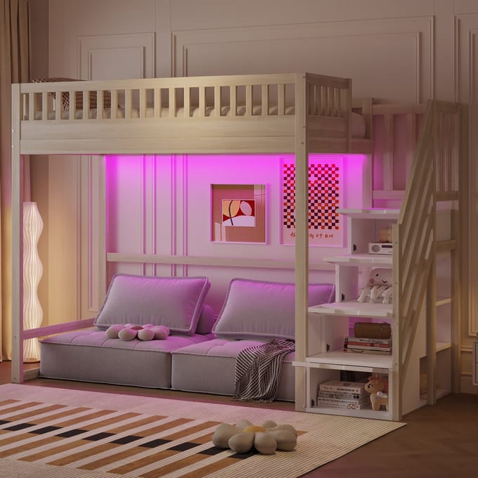 Hoogslaper - 90x200 cm - met LED & Trap - Veiligheidshekje - Grenenhout - Naturel