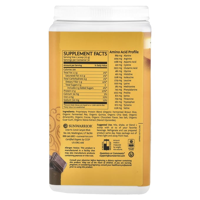 Sunwarrior, Protéine Classic Plus, Végétale, Chocolat, 1,65 lb (750g)