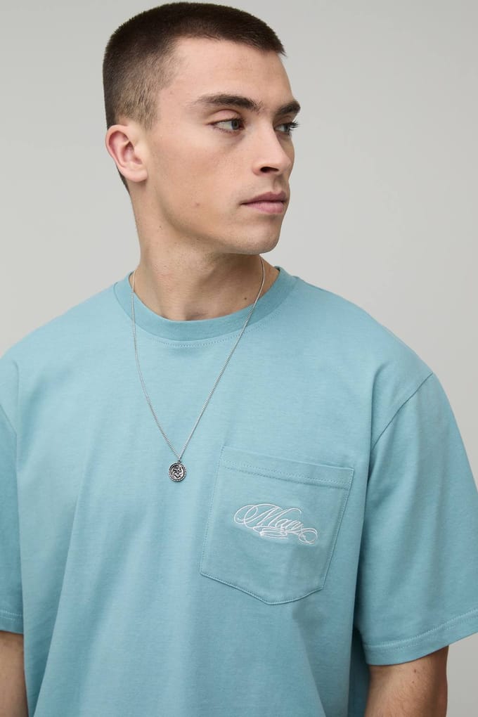Relaxed Fit T-shirt Met Borstzak | Dusty Blue | Size Medium