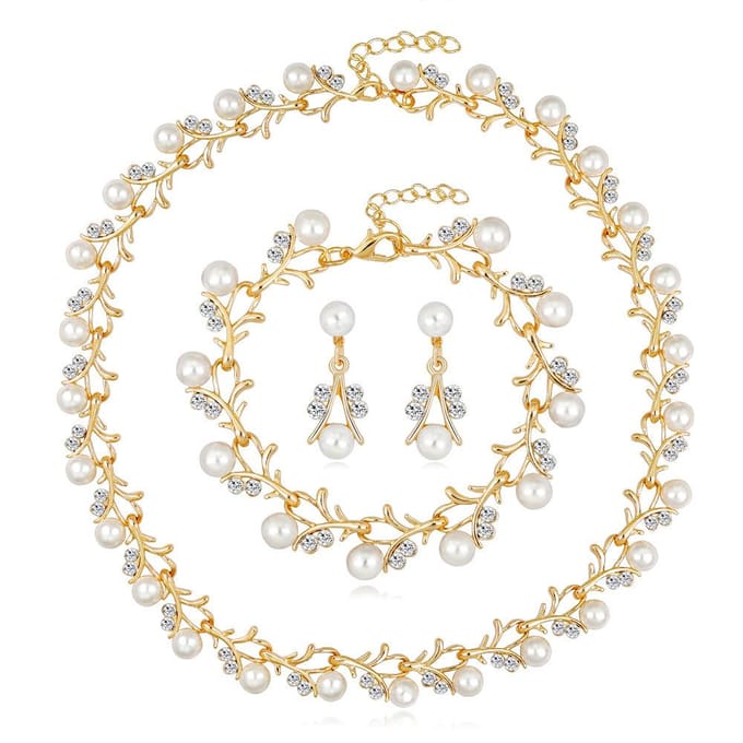 Mode Legering Bloem Diamant Parel Ketting, Oorbellen Armband Sieraden Set Drie Delen Set white