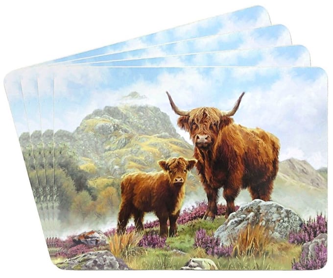 Lesser & Pavey Placemats Schotse Hooglander met Kalf – Set van 4 klein formaat 29 × 22 cm
