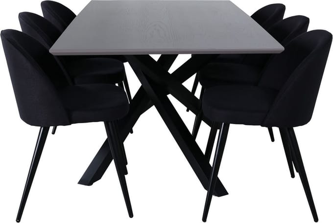 PiazzaGRBL eethoek eetkamertafel grijs en 6 Velvet eetkamerstal zwart.