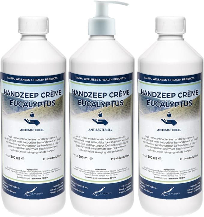 Handzeep Crème Eucalyptus 500 ml - set van 3 stuks - met gratis pomp - Voordeelverpakking
