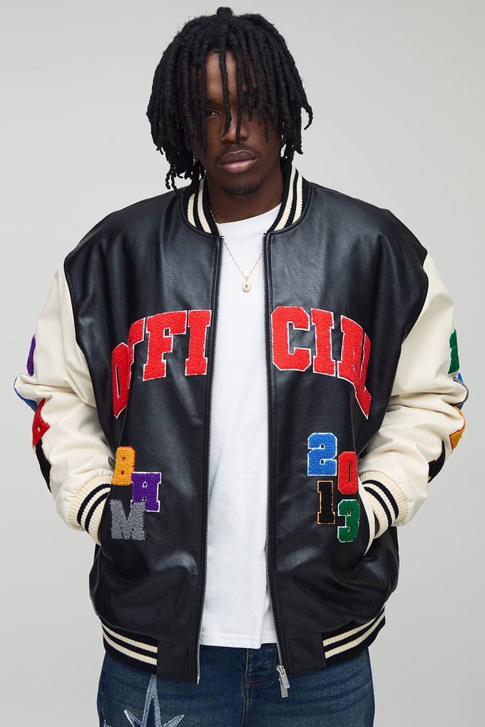 Hoge oversized pasvorm met badge applique PU varsity bomberjas | Black | Size Medium