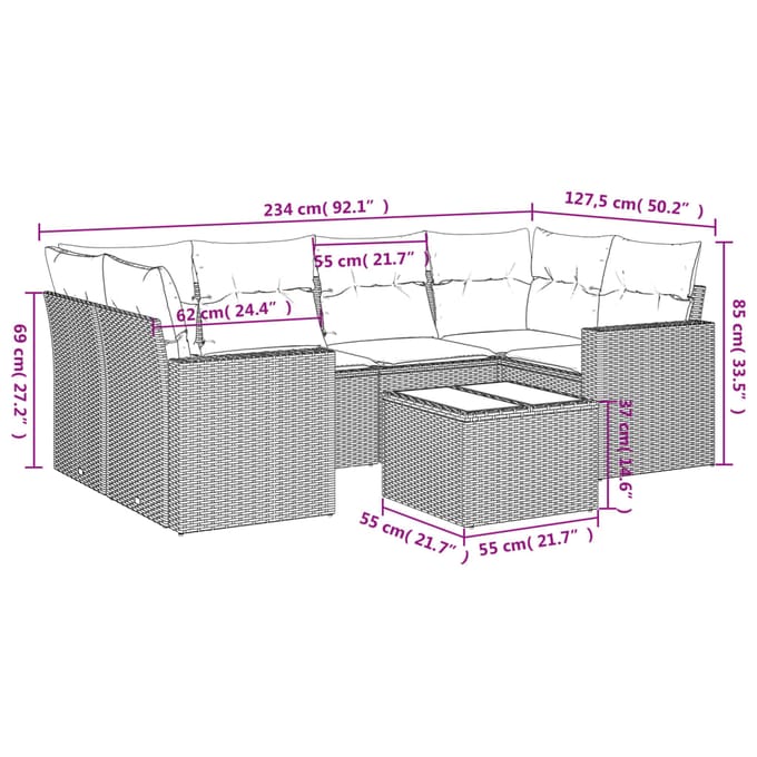vidaXL - 7-delige - Loungeset - met - kussens - poly - rattan - beige
