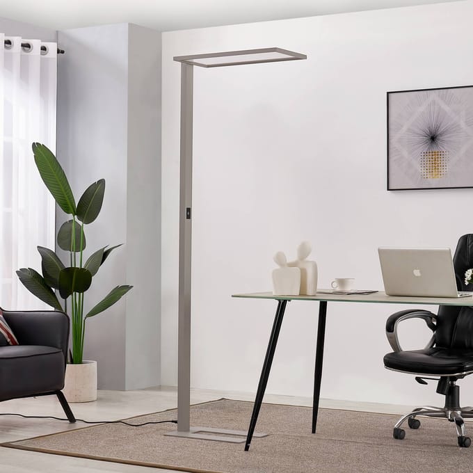 Prios LED kantoor vloerlamp Taronis, zilver, 195 cm, dimbaar