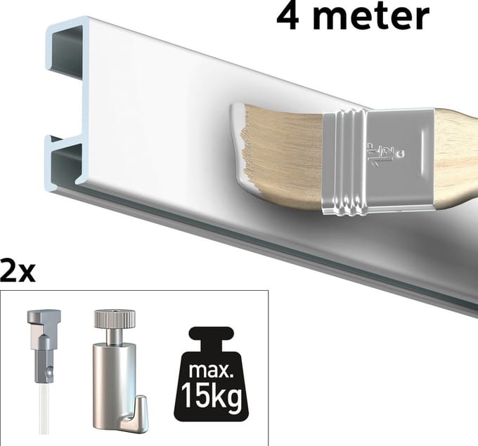 Artiteq Schilderij Ophangsysteem 4 meter All-in-one Click Rail 15kg / Wit Primer RAL 9016