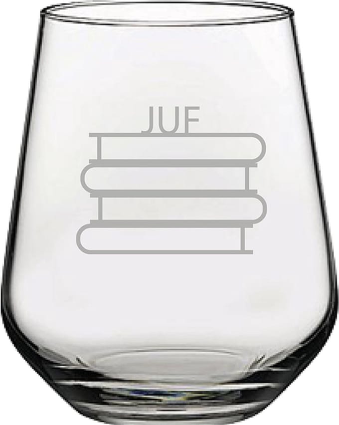 Gegraveerde Drinkglas 42,5cl Juf met boeken