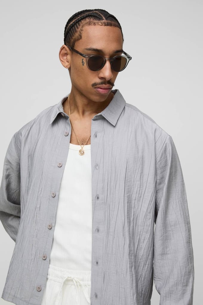 Regular Fit Crinkle Cotton Long Sleeve Shirt | Light Grey | Size Medium