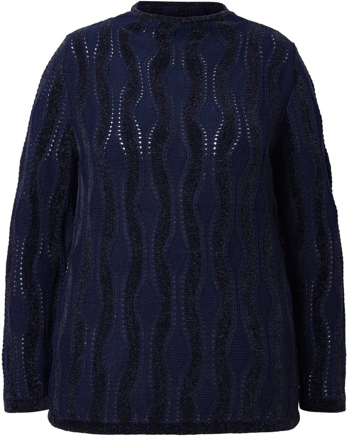 Ulla Popken - Dames - Pullover chenillemotief opstaande kraag lange mouw - Marine - Maat 46+