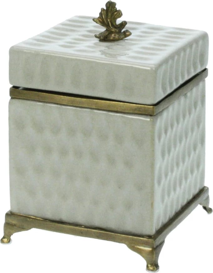 Doosje met deksel Blad, wit/craq. 10x10x14,5cm