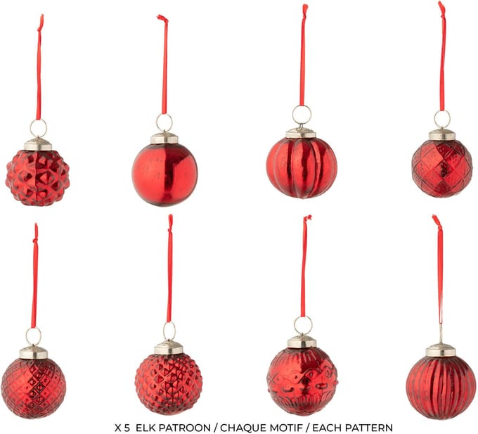 J-Line kerstbal 8 Patronen - glas - rood - doos van 40