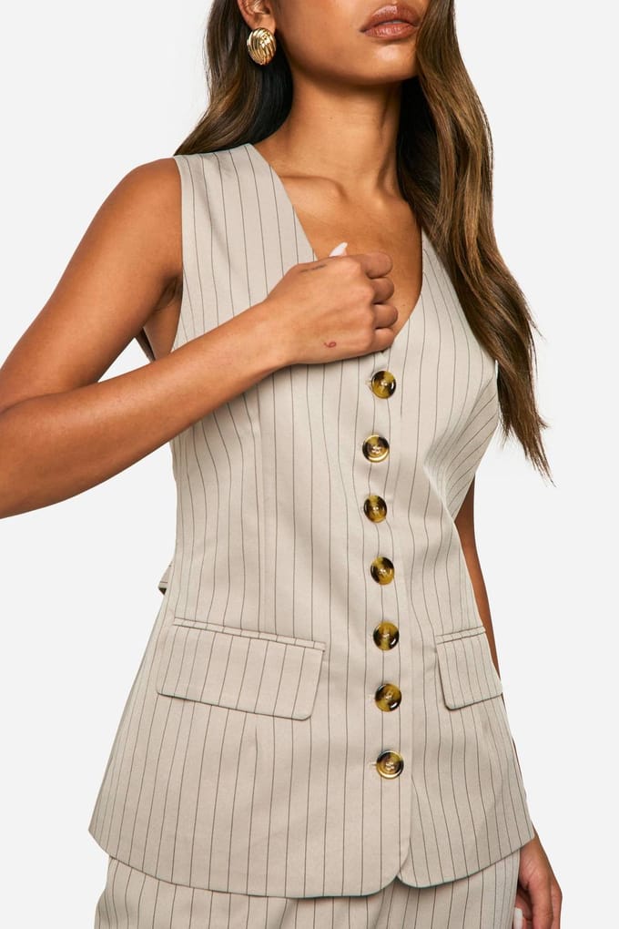 boohoo Dames Tonal Pinstripe Longline Gilet | Steen | Maat: 34