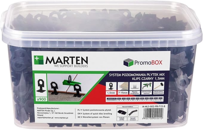 MARTEN Replacement Clips for Levelling System, 1.5 mm Tiles, Leveling System, Tile Thickness 7-15 mm, Premium Set with 900 Pieces in Bucket, Tile Laying Aid (Replacement Clips 900 Pieces)