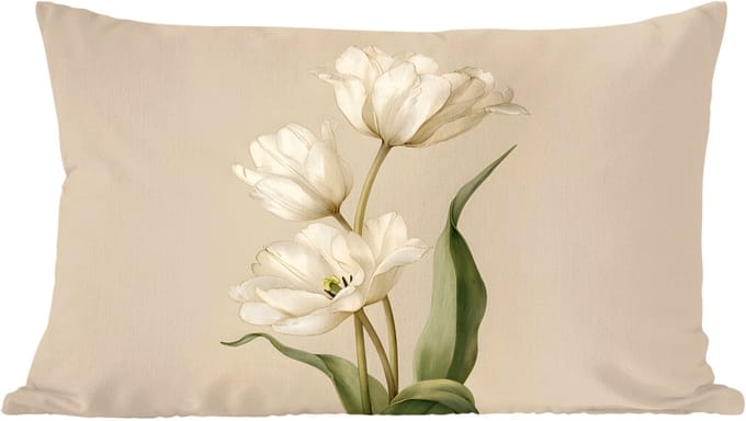 Sierkussens - Kussentjes Woonkamer - 60x40 cm - Tulpen - Wit - Bladeren