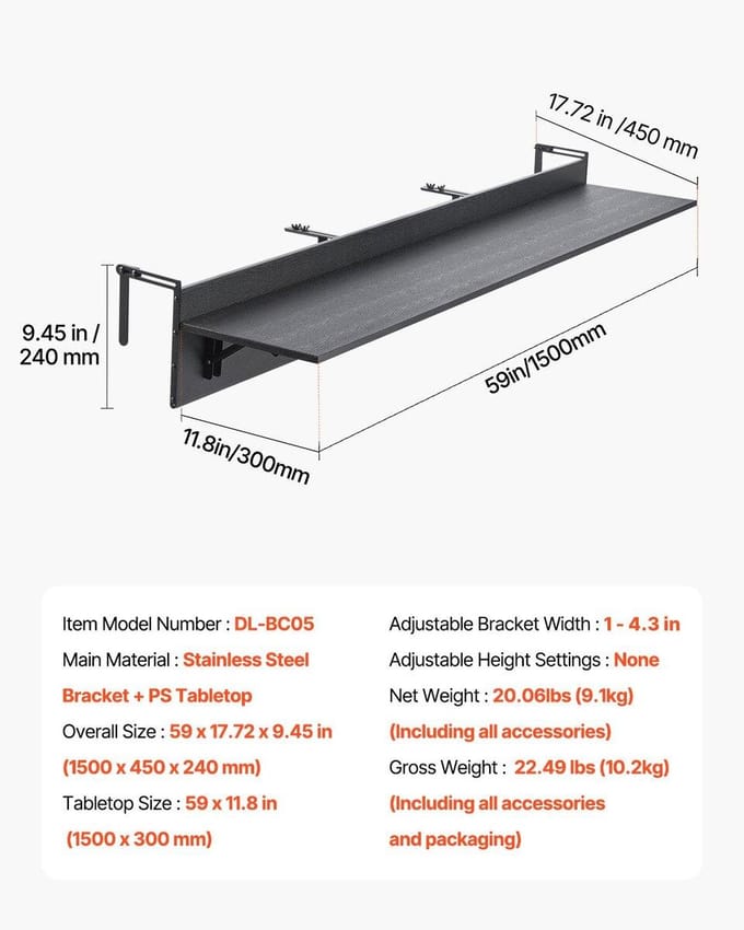 Table Suspendue de Balcon 12 x 48 po Table de Bar pour Garde-corps de Patio Pliable