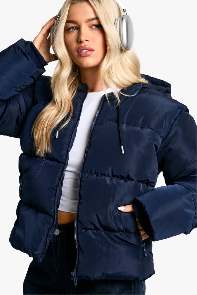 boohoo Dames Korte Puffer met Capuchon | Navy | Maat: 16