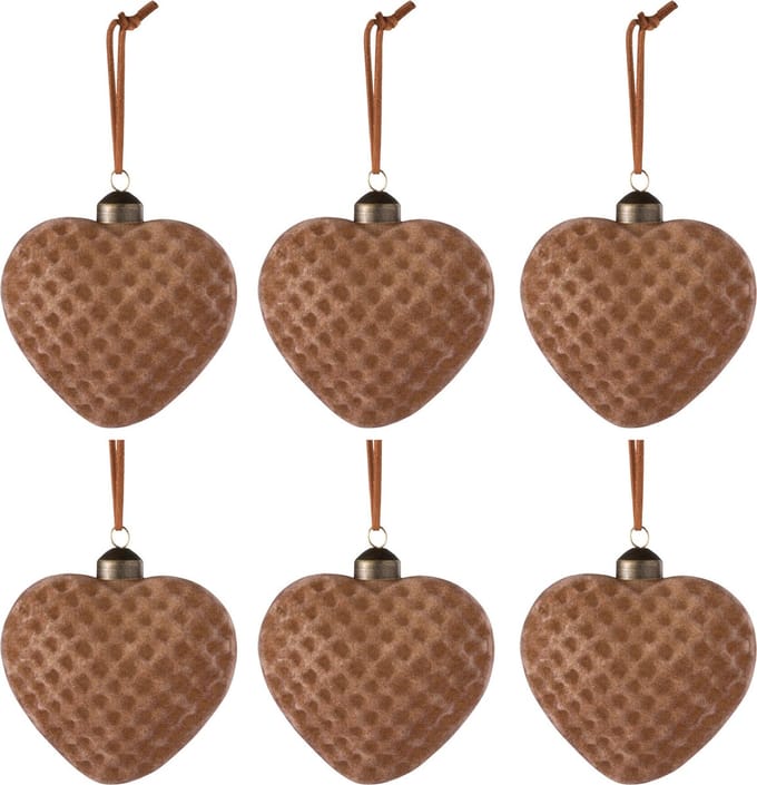 J-Line kerstbal Hart - fluweel/glas - bruin - small - doos van 6