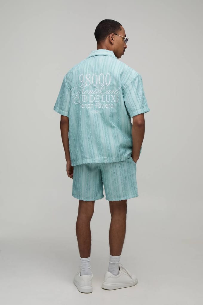 Geborduurd Geplisseerd Monte Carlo Regular Overhemd & Relaxed Short Set | Blue | Size Medium