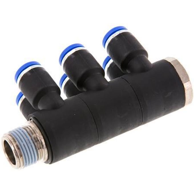 8mm x R3/8'' 6-way Manifold Messing/PA 66 Insteekfitting Buitendraad Draaibaar NBR