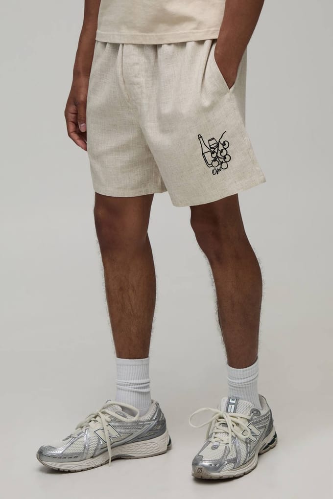 Relaxed Fit Linen Blend Boxer Style Embroidered Short | Natural | Size XL