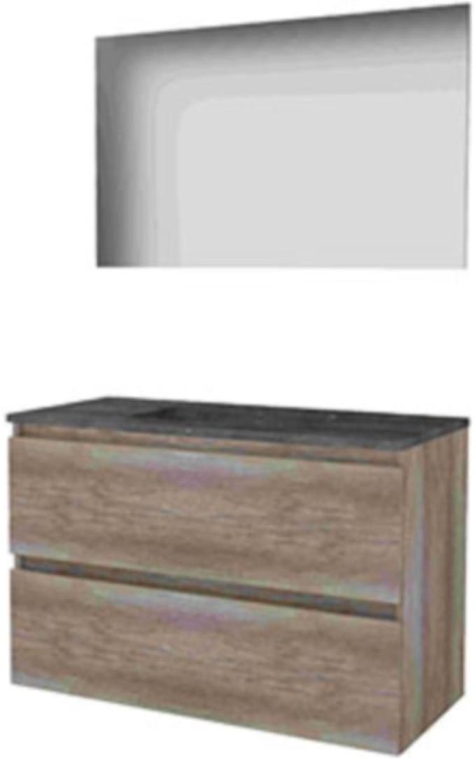 Basic-Line Basic 46 Badkamermeubelset - 100 x 46 cm - Greeploos - 2 Lades - Hardstenen Wastafel - 1 Kraangat - Spiegel - Scotch Oak