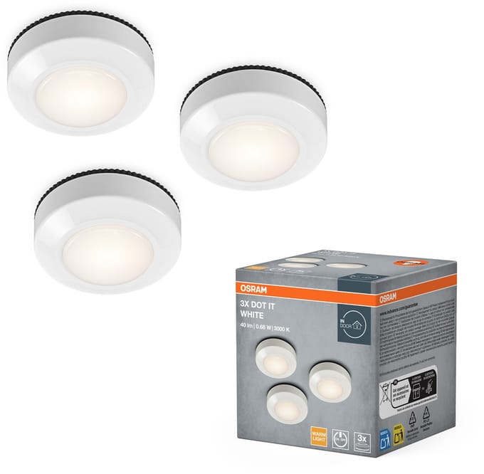 OSRAM DOT-IT 3-Pack LED Lampen, 0. 68W, 40lm, 3000K Warm Wit, Touch Aan/Uit, batterijgevoed, Wit, ABS, rond